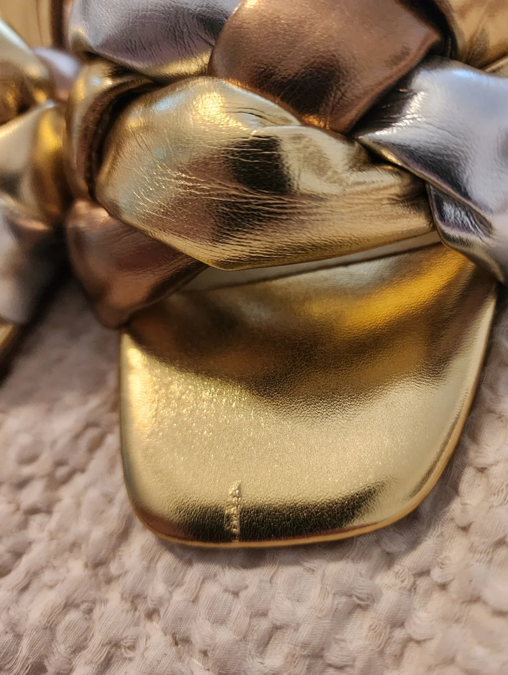 Nine West Sz 8.5 Metallic Gold, Silver & Bronze Braided Block Heel Sandal Slides